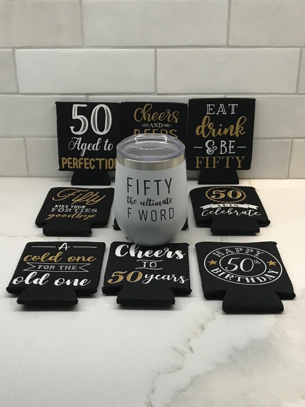 50th Birthday Stainless Wine Tumbler and Coozies